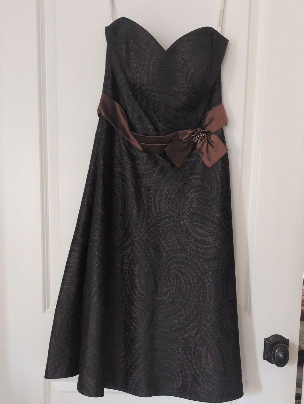 David's Bridal Strapless Black Dress with Brown Sash